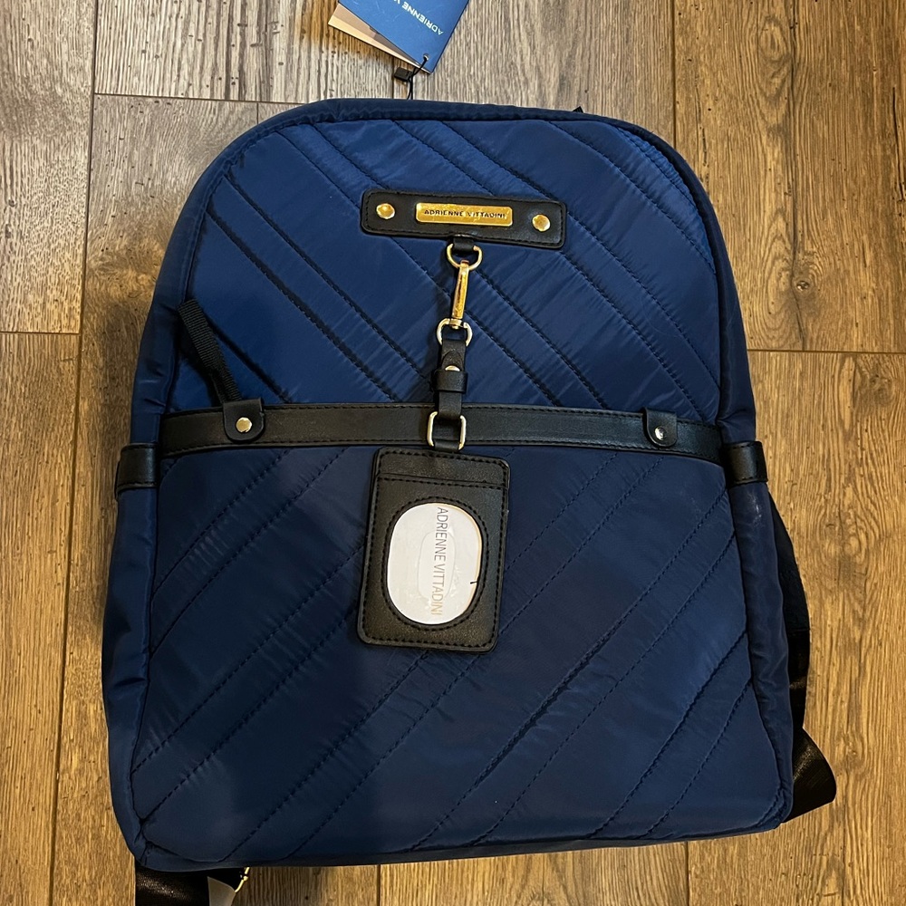 Adrienne Vittadini Quilted Nylon Backpack with Laptop Sleeve Blue Black Gold NWT
